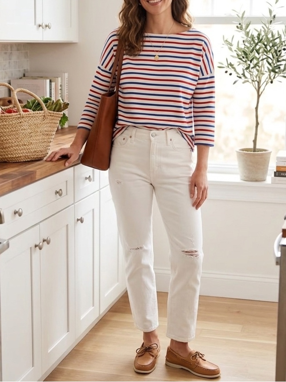 🔥$10 FINAL PRICE🔥 J.Crew Red Blue White Striped Boatneck 3/4 Sleeve Tee Top🧡